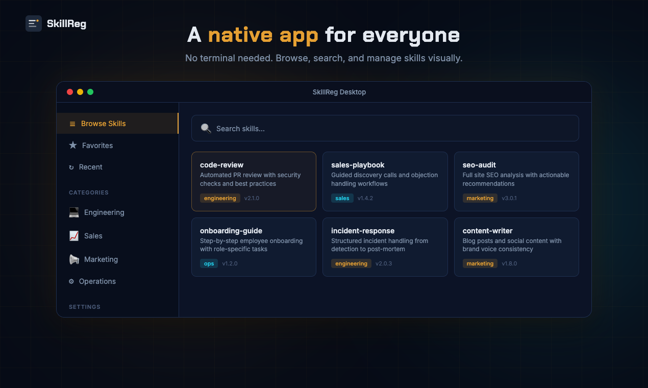 SkillReg Desktop — parcourez, cherchez et gérez vos skills visuellement sans terminal