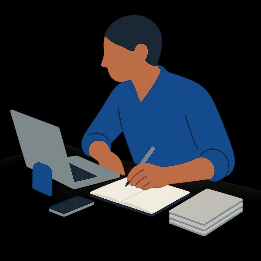 Une personne à son bureau, avec ses outils habituels et un assistant à côté de son ordinateur