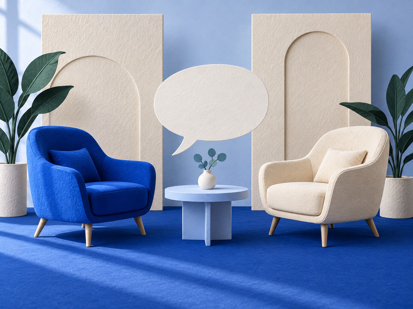 Deux fauteuils se font face autour d’une table, dans un espace prévu pour l’échange.