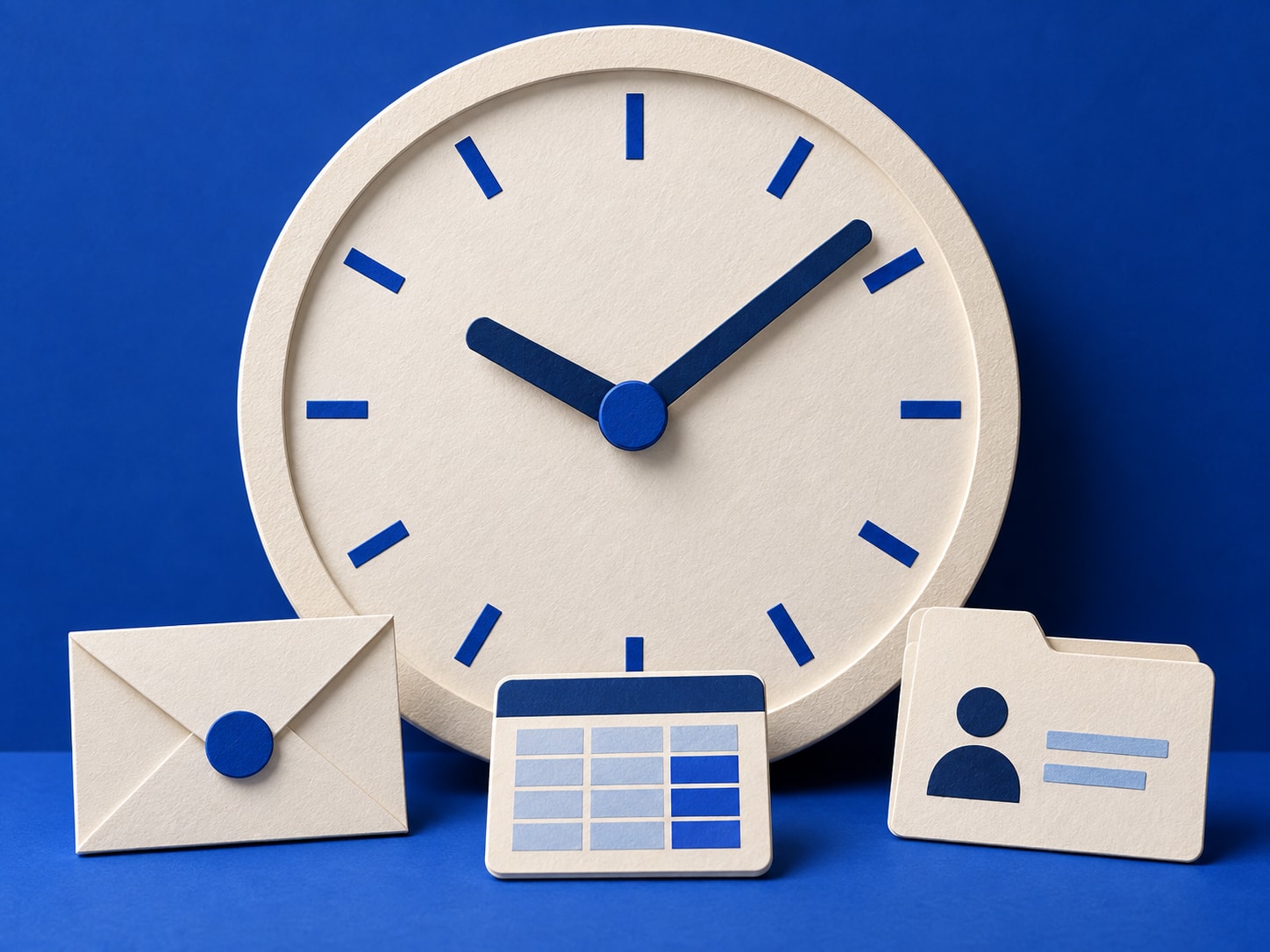 Une horloge de bureau est entourée des tâches qui reviennent au fil d’une journée.