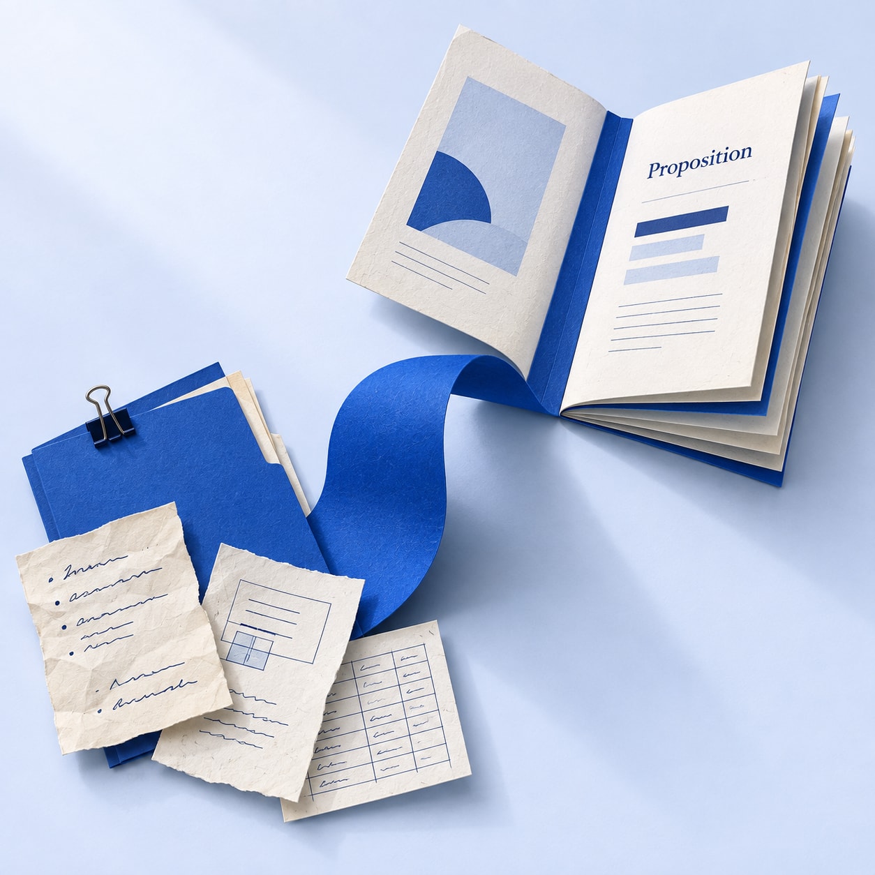 Des notes et des documents métier reliés par un ruban bleu à une proposition commerciale structurée.