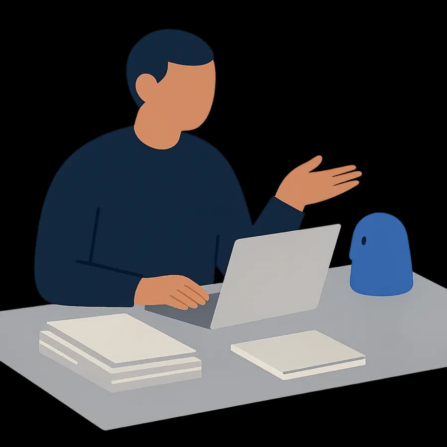 Une personne à son bureau échange avec un assistant configuré, documents à côté