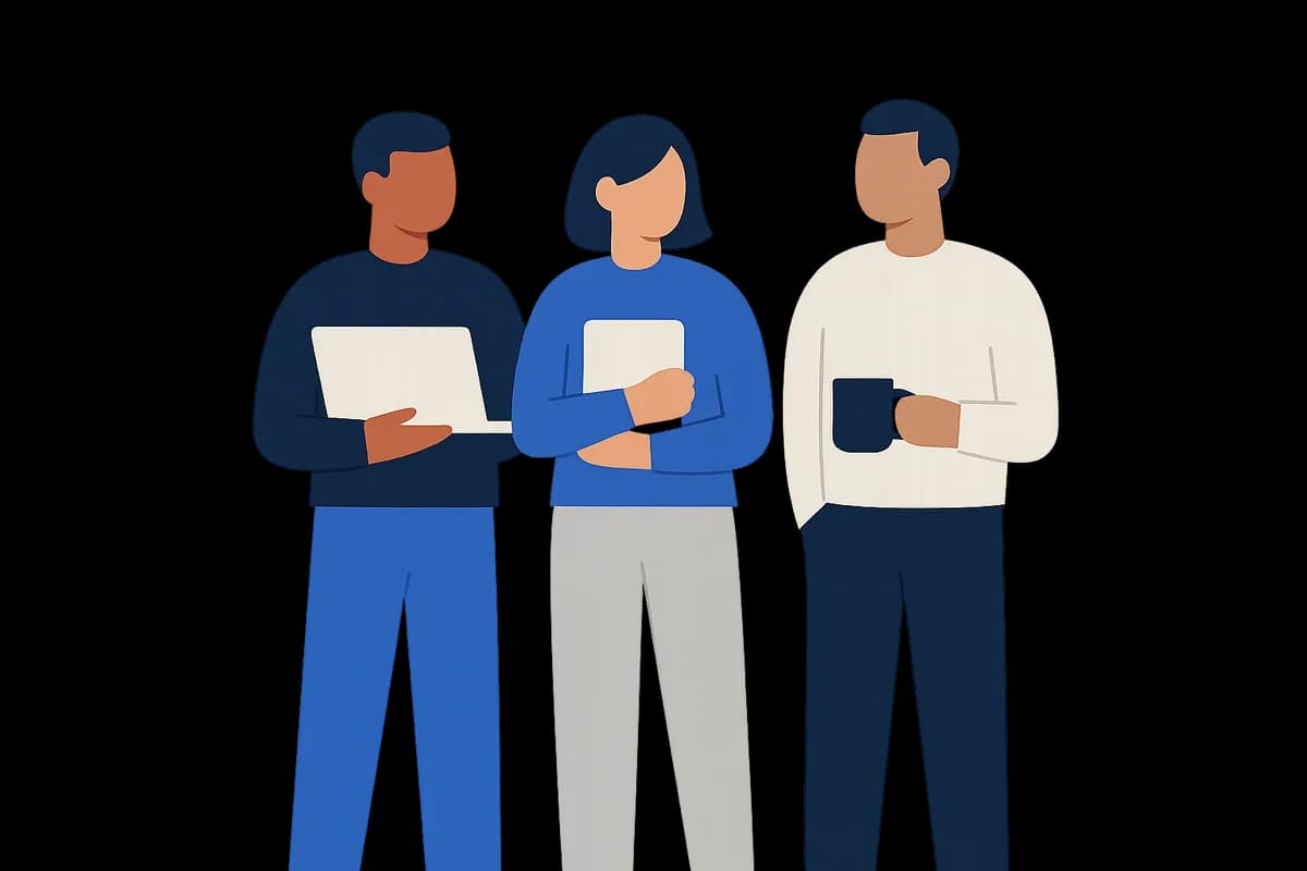 Trois collègues côte à côte, ordinateur, carnet et café à la main
