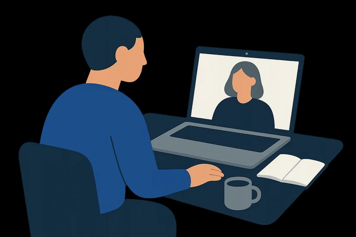 Deux personnes en visio, l'une à l'écran, l'autre à son bureau