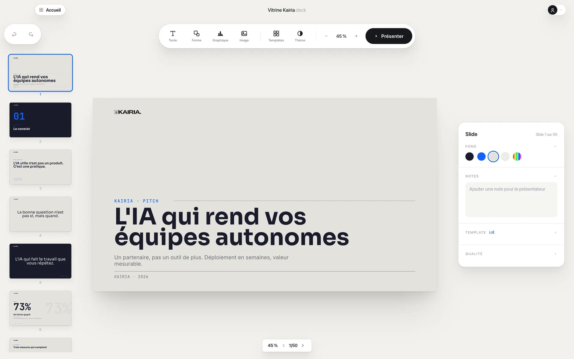 L'éditeur Decktype : une slide ouverte sur le canvas, la barre d'outils, l'inspecteur et le chemin de fer