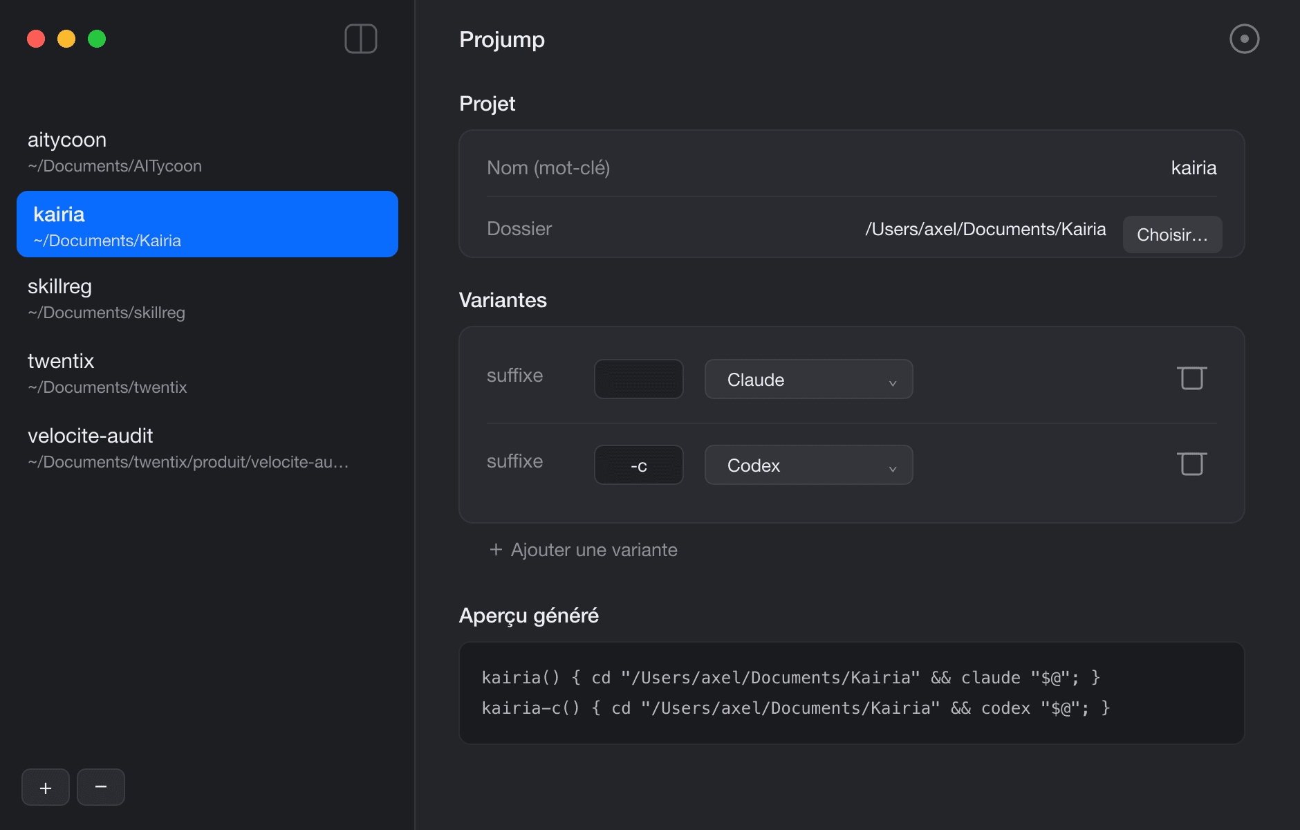 Interface de l'application Projump : liste de projets, variantes de lancement et aperçu du shell généré