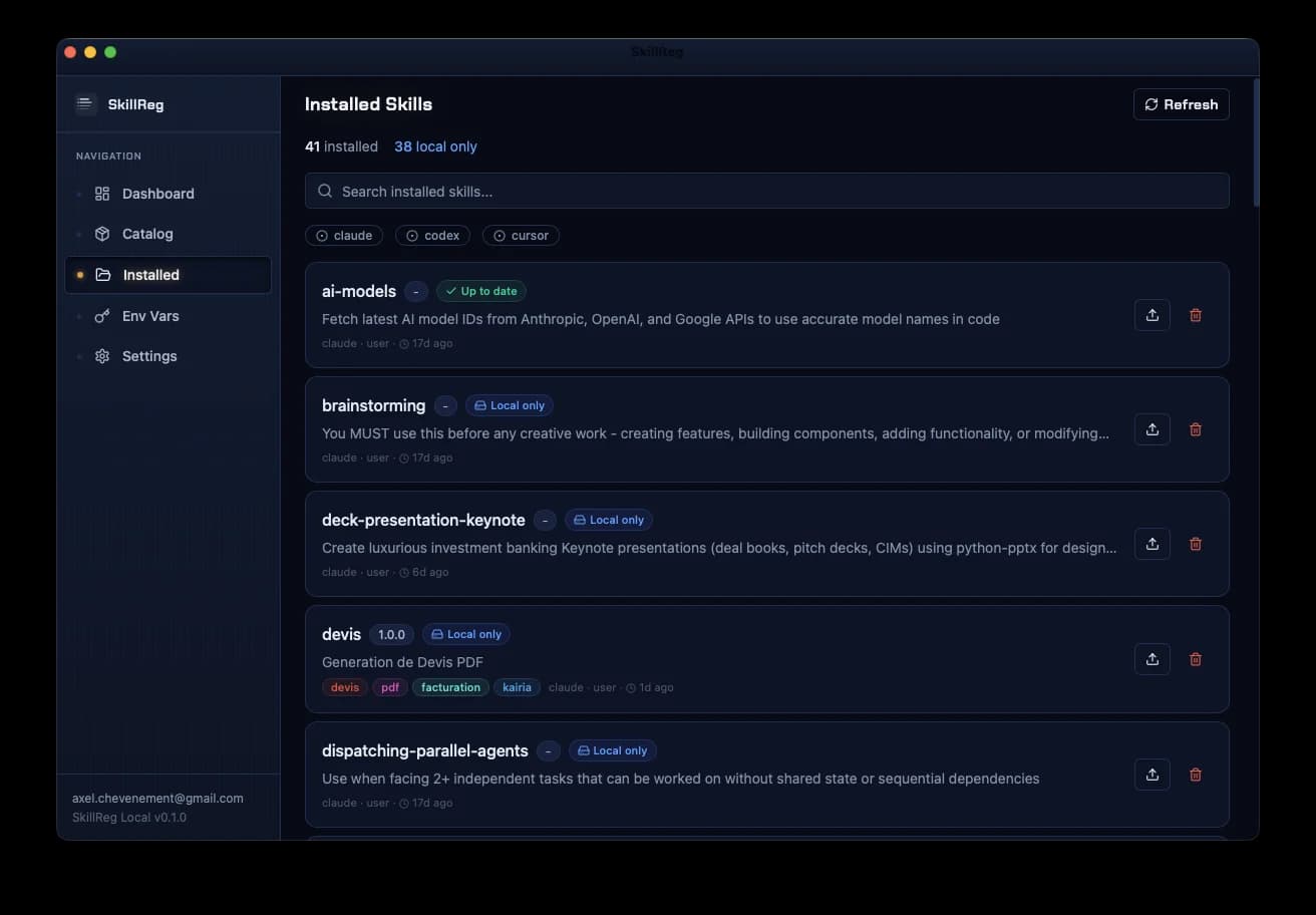 Interface de l'application SkillReg : skills installées, catalogue interne et partage à l'équipe